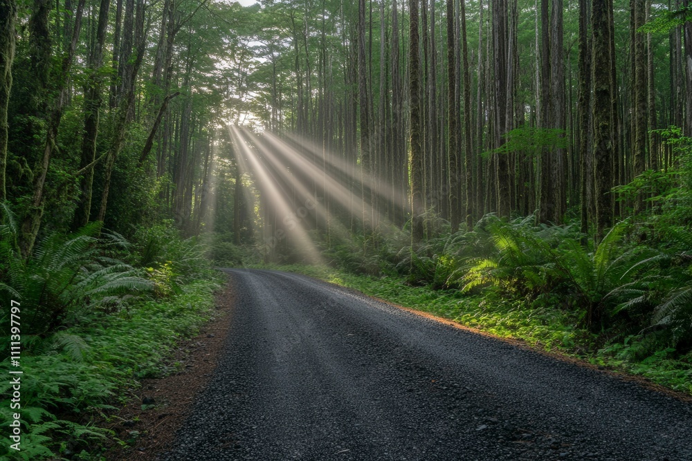 Sunlit Forest Pathway Through Lush Greenery Sunlit Forest Pathway Through Lush Greenery