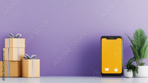 Yellow screen phone next to stacked boxes, a depiction of unpacking, setup, and new device organization in relocation or techrelated context photo