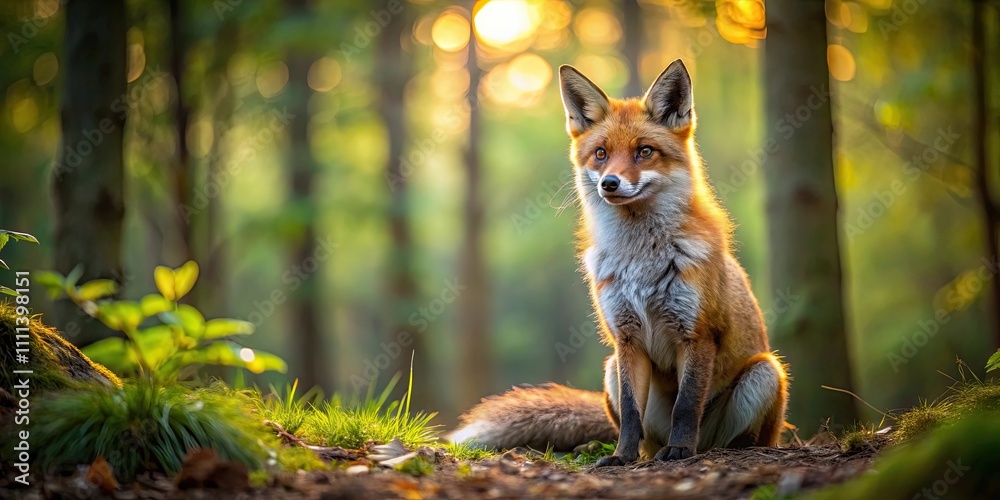 A fox sitting in a forest with a warm and inviting mood , Fox, forest, trees, nature, animal, wildlife, sitting, relaxing A fox sitting in a forest with a warm and inviting mood , Fox, forest, trees, nature, animal, wildlife, sitting, relaxing