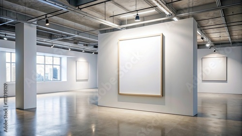 Mockup poster in gallery art exhibition with modern minimalist interior background    rendering  art gallery  exhibition