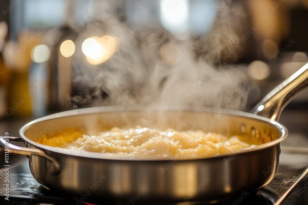 Cooking Mashed Potatoes in a Stainless Steel Pan with Steam Rising, Fresh Ingredients in the Background, Kitchen Setting, Culinary Scene for Food Lovers Cooking Mashed Potatoes in a Stainless Steel Pan with Steam Rising, Fresh Ingredients in the Background, Kitchen Setting, Culinary Scene for Food Lovers