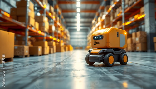Delivery robot navigates cardboard boxes in large warehouse environment for efficient logistics