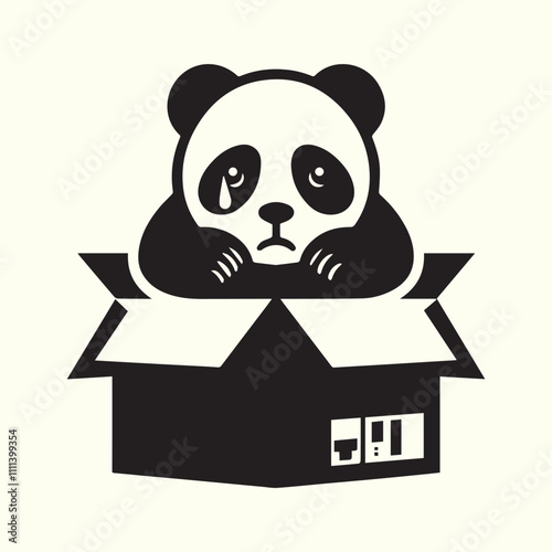 black sad panda abandoned in a cardboard box vector, panda silhouette vector illustration design.