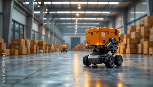 Delivery robots transporting cardboard boxes in a large warehouse setting