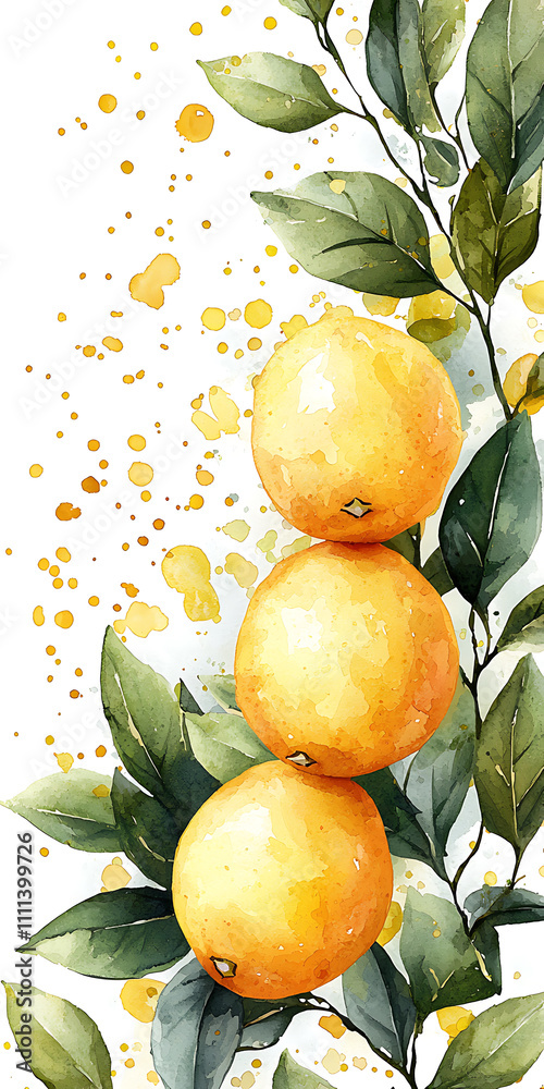 Φωτογραφία Watercolor Painting of Three Juicy Oranges on a Branch with Lush Green Leaves an