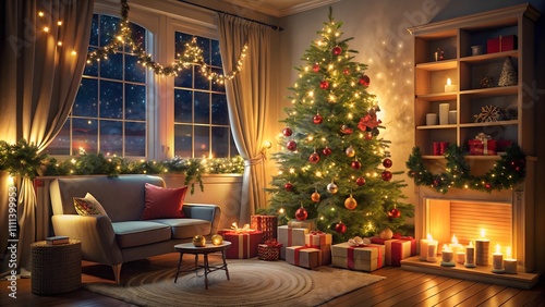 Christmas backdrop in the house interior with tree, gifts and lights in cinematic scene at night