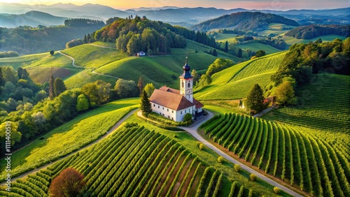 Aerial view of a church surrounded by lush green vineyards in the Jeruzalem winery region, Slovenia, church photo