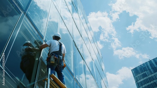 An engineer inspecting the installation of glass facades for a new office complex, Glass facade inspection scene, Office building construction style