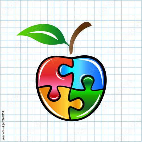 Colorful apple shape made of puzzle pieces. Vector isolated on blue square grid with white background