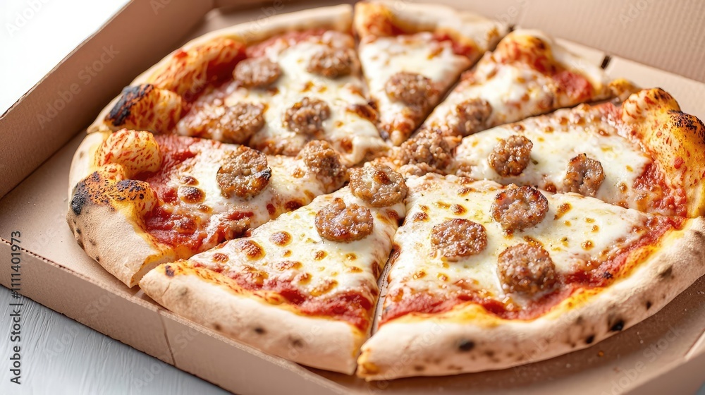 Delicious pizza with sausage toppings, fresh out of the box, isolated on white background. Delicious pizza with sausage toppings, fresh out of the box, isolated on white background.