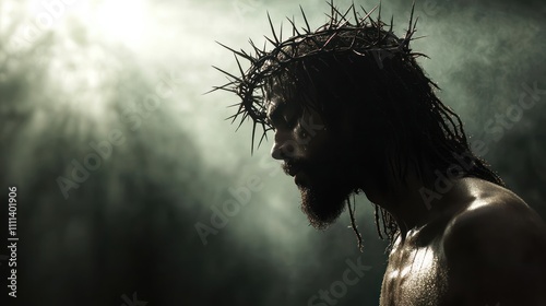 Dramatic Portrait of Black Jesus Christ with Crown of Thorns Illuminated by Soft Light photo