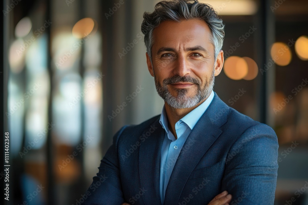 Confident Businessman Standing in Modern Office Arms Crossed Smiling Executive Manager in Blue Suit Confident Businessman Standing in Modern Office Arms Crossed Smiling Executive Manager in Blue Suit