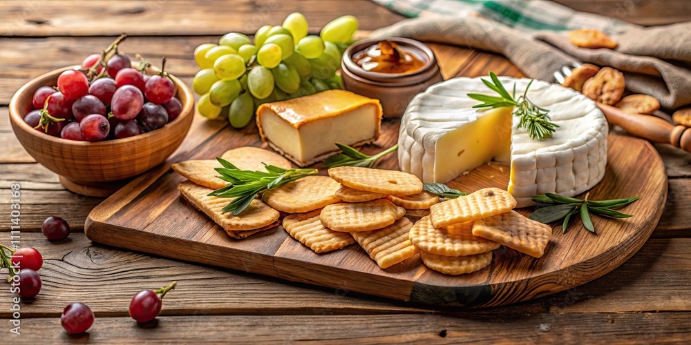 Cheese board with brie, crackers, honey, and grapes on a wooden serving board, camembert, cheese, crackers, honey, grapes, gourmet Cheese board with brie, crackers, honey, and grapes on a wooden serving board, camembert, cheese, crackers, honey, grapes, gourmet