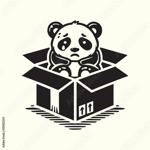 black sad panda abandoned in a cardboard box vector, panda silhouette vector illustration design.