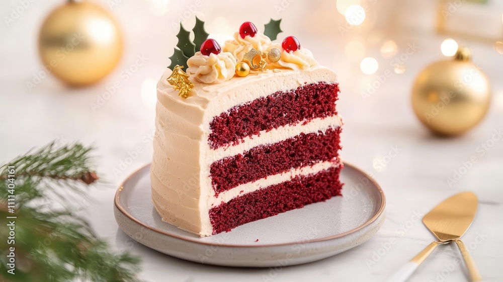 Red velvet cake with golden frosting details and edible ruby accents, luxury baking, bold and festive New Year treat Red velvet cake with golden frosting details and edible ruby accents, luxury baking, bold and festive New Year treat