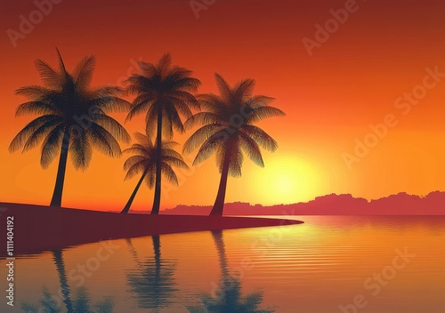 Tropical Sunset Beach Landscape with Palm Trees and Calm Water Reflection