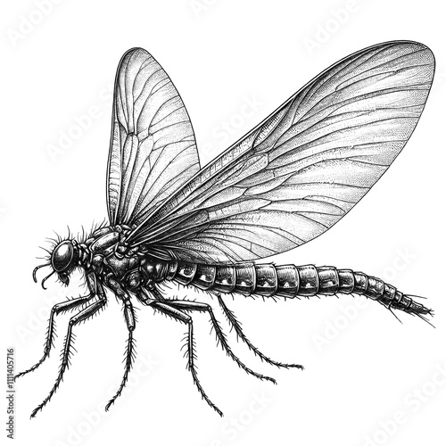 a mayfly sketch engraving. White background.