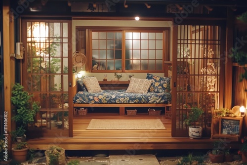 Cozy and Inviting Japanese-Inspired Room with Sliding Doors, Decorative Plants, and Soft Lighting, Perfect for Relaxation and Tranquility in a Modern Home Setting photo