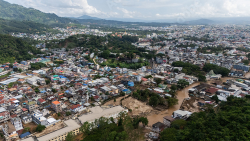 Aerial view of the border between Thailand and Myanmar at Tachileik and Mae Sai districts after Sai river flooding. photo