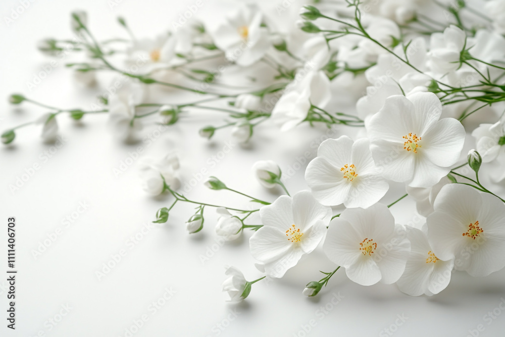 Obraz premium Delicate White Flowers Arranged Beautifully On White Background
