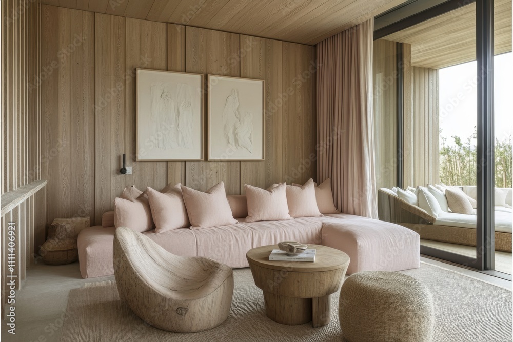 Cozy and Modern Living Room Interior with Natural Wood Elements, Pink Soft Furnishings, and Large Windows Overlooking a Scenic Outdoor View Cozy and Modern Living Room Interior with Natural Wood Elements, Pink Soft Furnishings, and Large Windows Overlooking a Scenic Outdoor View