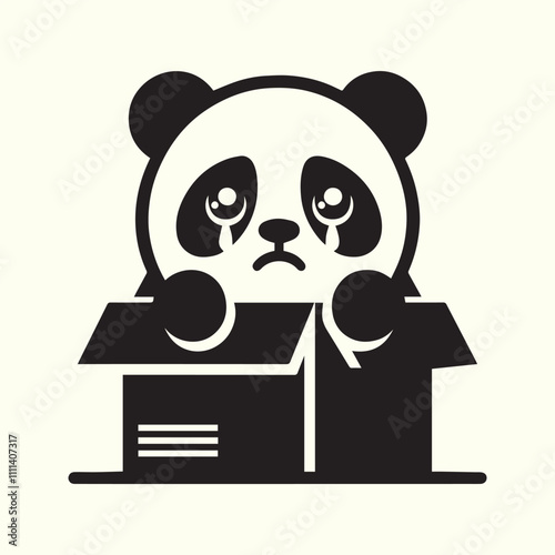 black sad panda abandoned in a cardboard box vector, panda silhouette vector illustration design.