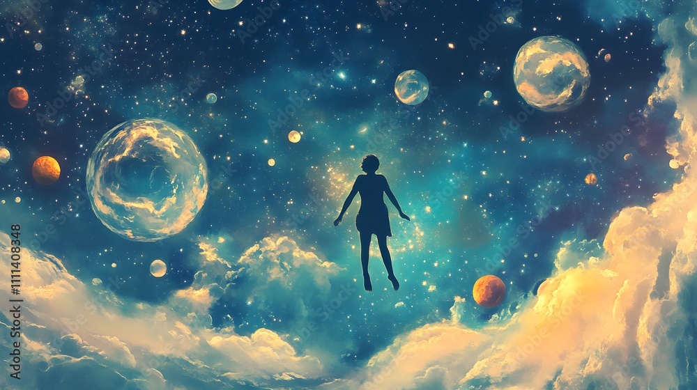 Enchanting Dreamscape of a Figure Floating Among Celestial Bodies, Surrounded by Colorful Planets, Artistic Cloud Formations, and a Starry Sky Enchanting Dreamscape of a Figure Floating Among Celestial Bodies, Surrounded by Colorful Planets, Artistic Cloud Formations, and a Starry Sky