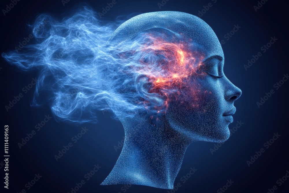 Abstract representation of a serene female face with colorful smoke and light patterns emanating from the head symbolizing creativity, thoughts, and imagination. Abstract representation of a serene female face with colorful smoke and light patterns emanating from the head symbolizing creativity, thoughts, and imagination.