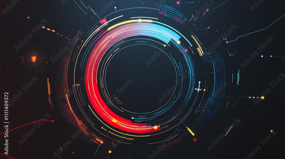 Abstract black background with Colorful circle lines. Digital future technology . Abstract business connection of lines from nodes innovation of communication in the network. Abstract black background with Colorful circle lines. Digital future technology . Abstract business connection of lines from nodes innovation of communication in the network.