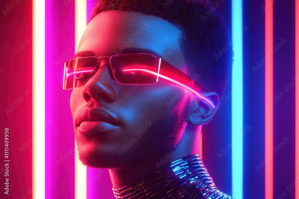Stylish individual with futuristic eyewear illuminated by vibrant neon lights on a striking backdrop, showcasing modern fashion and artistic expression in a dynamic composition Stylish individual with futuristic eyewear illuminated by vibrant neon lights on a striking backdrop, showcasing modern fashion and artistic expression in a dynamic composition
