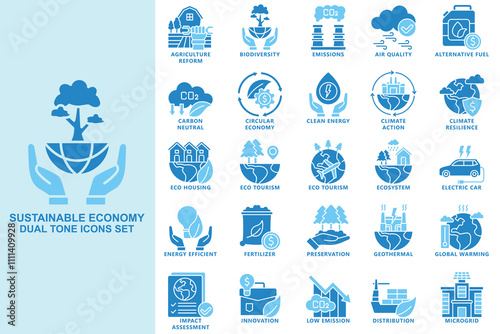 Sustainable economy dual tone icons set. contain carbon, green energy, eco, energy, efficiency, emission and more. use for modern concept, print, UI, UX kit, web and app development. Vector EPS 10