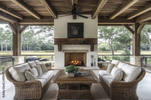 Cozy Outdoor Living Space Featuring Comfortable Rattan Sofas  Rustic Wooden Ceiling  Charming Fireplace  and Scenic Nature View Surrounding a Serene Design Environment