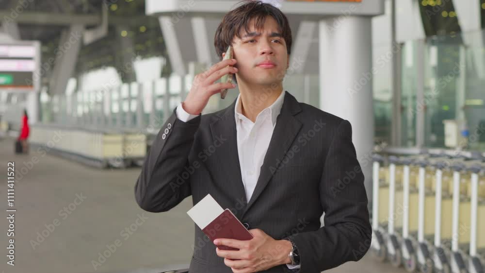 Asian businessman passenger talking on phone outside airport terminal. Asian businessman passenger talking on phone outside airport terminal.