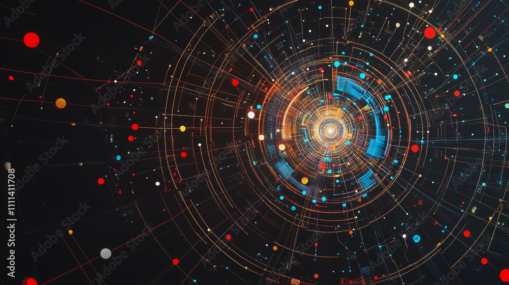 Abstract black background with Colorful circle lines. Digital future technology . Abstract business connection of lines from nodes innovation of communication in the network.