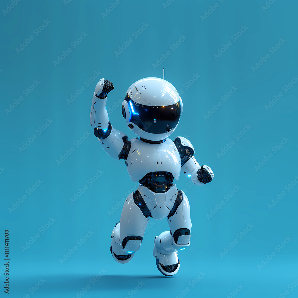 Futuristic White Glossy Droid Jumping with Glowing Blue Joints on Blue Background Futuristic White Glossy Droid Jumping with Glowing Blue Joints on Blue Background