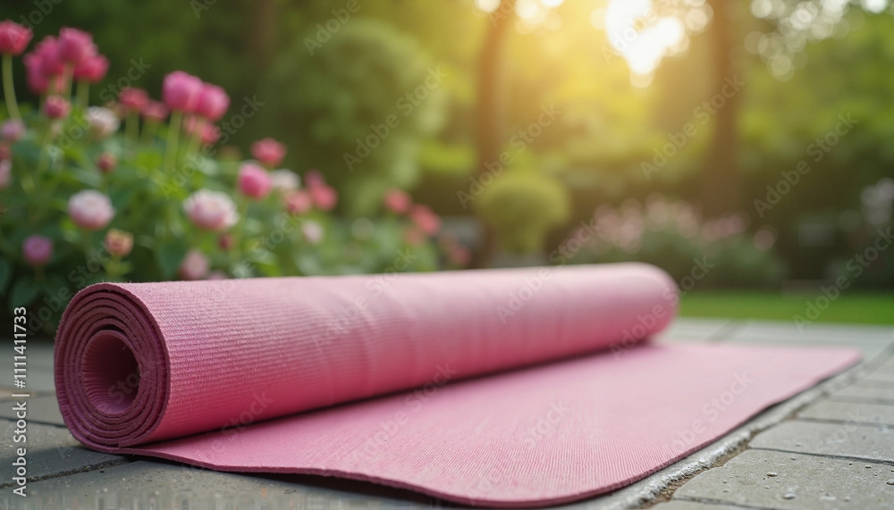 Pink yoga mat in a garden at sunset Pink yoga mat in a garden at sunset