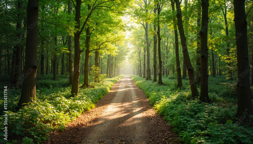 Fototapeta premium Sunlit forest pathway with lush greenery