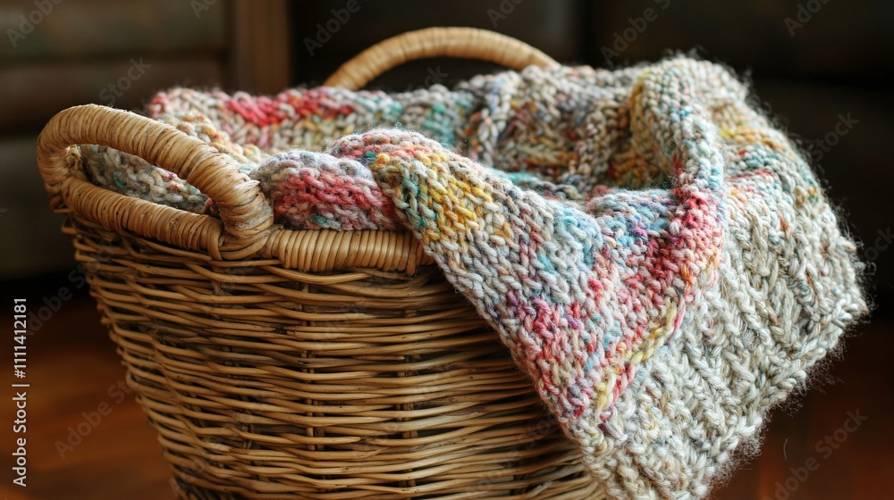Obraz premium Wicker basket with knitting yarn on blurred background, closeup view.