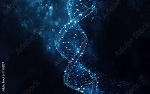 A close-up of a blue DNA strand against a dark blue background with bokeh effect.