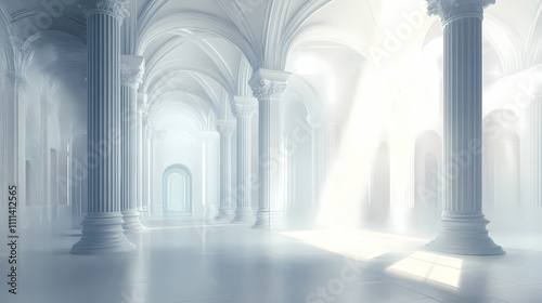 Ethereal white palace interior with columns and light. Etherealism. Illustration