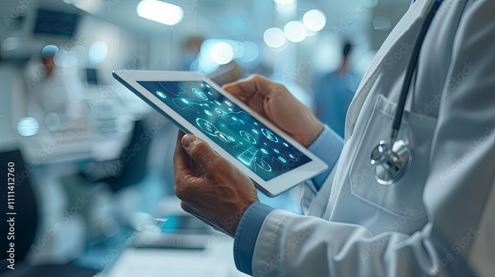 Doctor using a tablet displaying medical data and holographic icons. Doctor using a tablet displaying medical data and holographic icons.