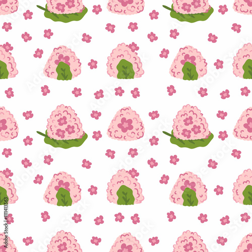 Popular Japanese food sakura flowers onigiri rice ball seamless pattern. Perfect print for paper, textile, fabric, menu and stationery. Hand drawn illustration.