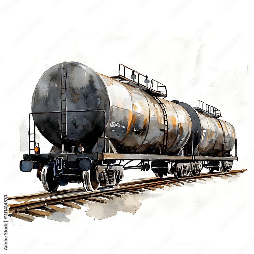 Watercolor painting of two rusty tank cars on a railway track.
