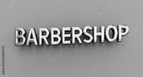 Barbershop word 3d shiny silver metallic lettering render on plain background