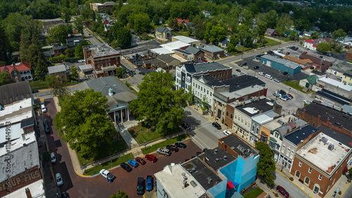 MAY 9, 2023 - MOUNT STERLING KENTUCKY - aerial view of historic small Kentucky town and storefronts in Mount Sterling Kentucky