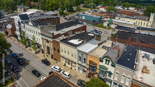 Fototapeta Naklejka Na Ścianę i Meble -  MAY 9, 2023 - MOUNT STERLING KENTUCKY - aerial view of historic small Kentucky town and storefronts in Mount Sterling Kentucky