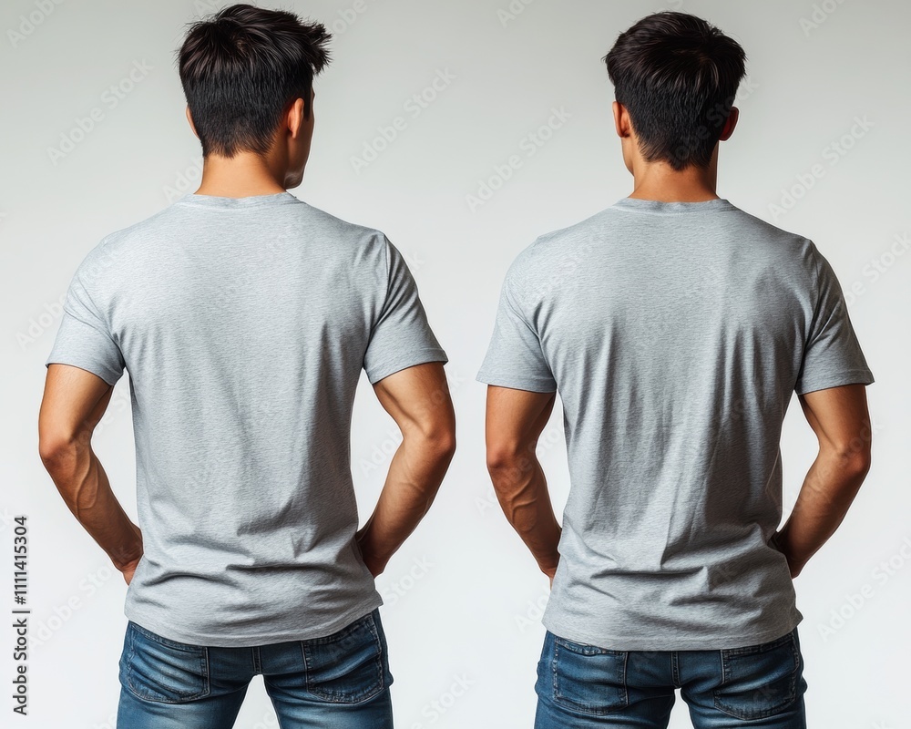 Stylish Young Man Wearing Gray T-Shirt Posing Back to Camera in Studio with Neutral Background, Showcasing Modern Casual Fashion and Confident Stance Stylish Young Man Wearing Gray T-Shirt Posing Back to Camera in Studio with Neutral Background, Showcasing Modern Casual Fashion and Confident Stance