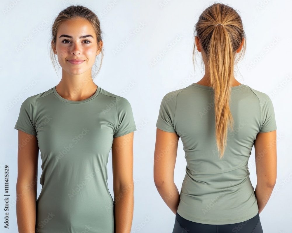 Athletic young woman in a fitted green shirt showcasing a front and back view against a light background, perfect for fitness and fashion photography needs Athletic young woman in a fitted green shirt showcasing a front and back view against a light background, perfect for fitness and fashion photography needs