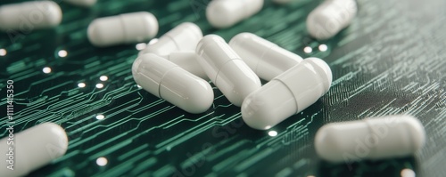 A close-up of white capsules scattered on a digital circuit board, blending the themes of technology and health. photo