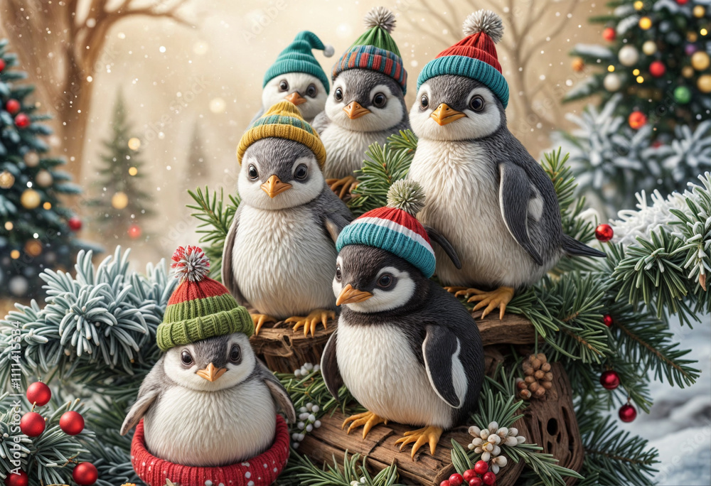 A whimsical and hilarious illustration of small penguins, climbing on top of each other. Each wearing a cute hat, meticulously arranged to create the shape of a Christmas tree - generated by ai A whimsical and hilarious illustration of small penguins, climbing on top of each other. Each wearing a cute hat, meticulously arranged to create the shape of a Christmas tree - generated by ai